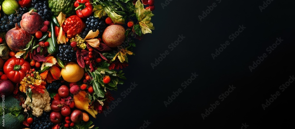 Aufkleber Vibrant assorted fresh vegetables and fruits in rich colors on a dark background with ample negative space for text and design elements