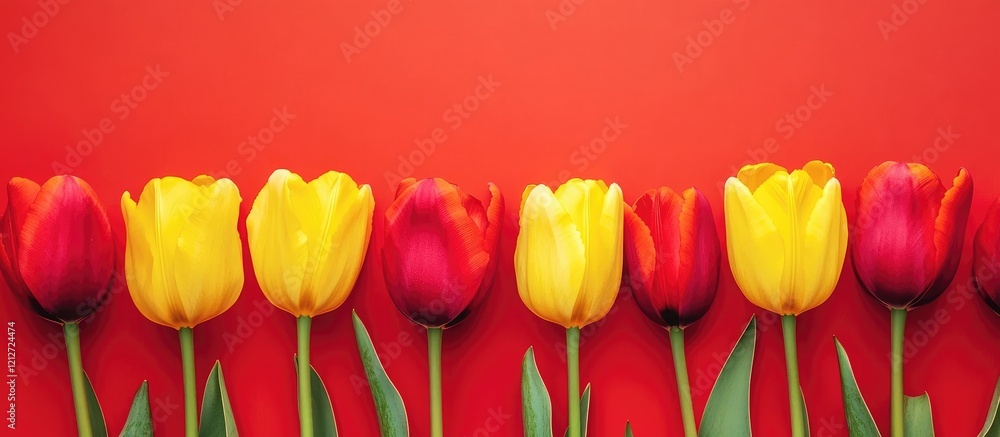 Leinwandbilder vibrant horizontal arrangement of red and yellow tulips against a bright red background featuring am