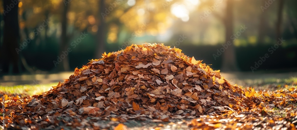 Aufkleber vibrant autumn leaf pile in warm golden sunlight with blurred green park background and empty space 
