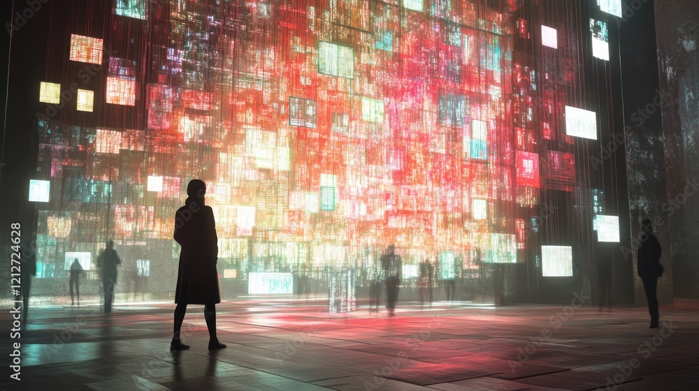 Poster silhouetted figures observe a vibrant digital data wall