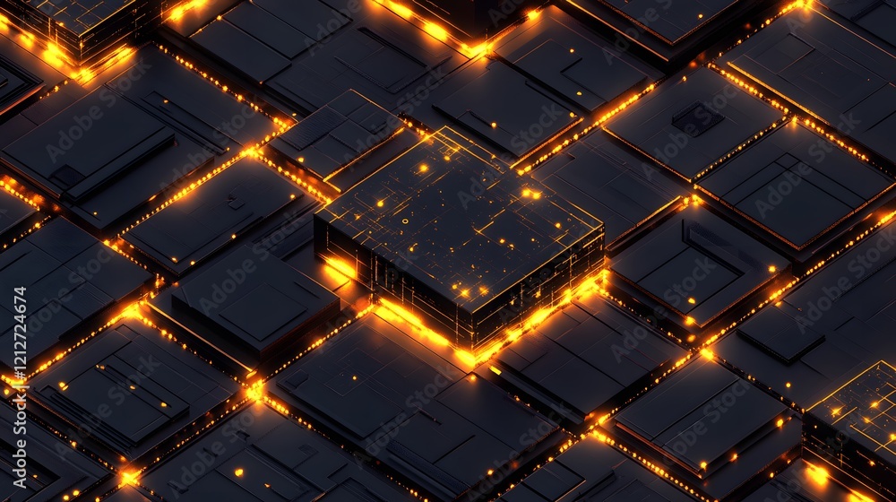 Poster futuristic abstract circuitry with glowing light elements in dark background