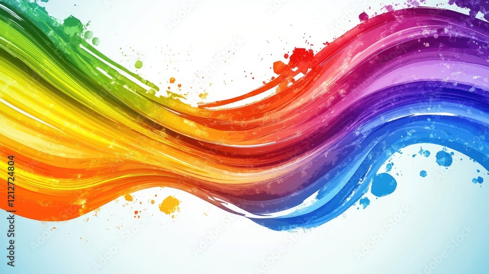 Poster Vibrant abstract background of colorful paint streams creating a dynamic rainbow wave on a light backdrop for artistic themes.