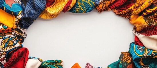 Colorful African wax print textiles arranged in a circular frame on a white background ideal for text placement showcasing vibrant patterns and details.