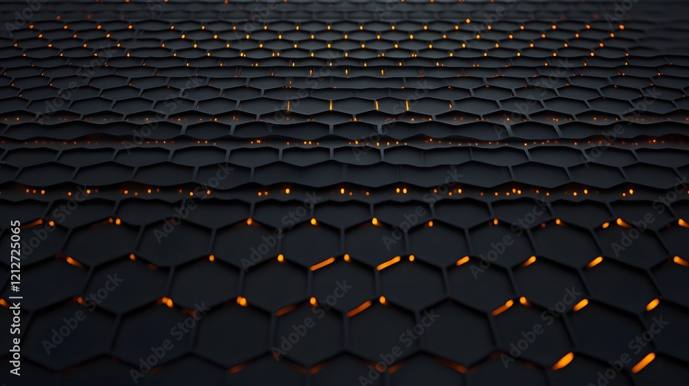 Poster hexagonal pattern surface with glowing lights and dark background