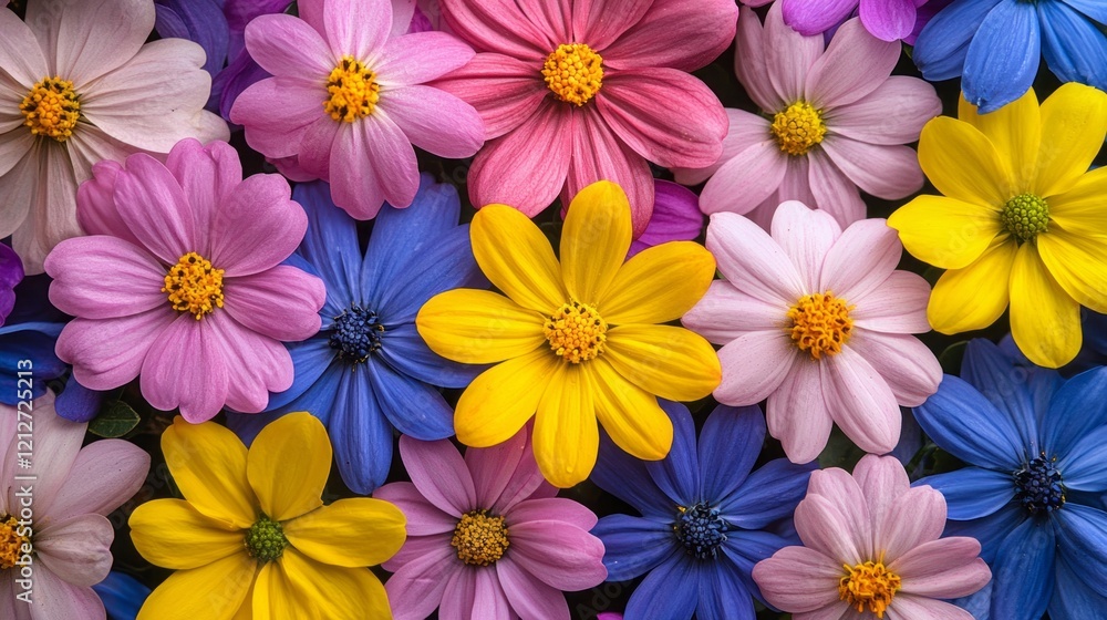 Poster colorful spring flowers flourish in a panoramic view, showcasing a delightful array of blooms in pin