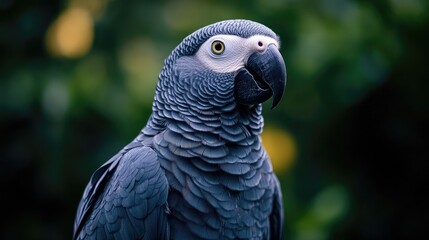 Obraz premium Male Congo Grey Parrot Close-Up Portrait with Lush Green Background in Natural Habitat