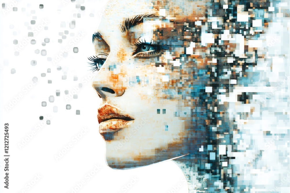 Poster profile of a woman dissolving and pixelating into square fragments, fading on a white background, ev