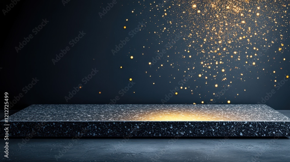 Poster a large black table adorned with shimmering gold sparkles, creating an elegant contrast and a luxuri