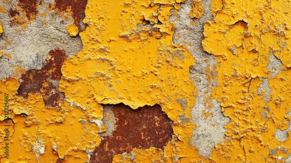 Poster abstract close-up of a vivid orange and yellow textured surface showcasing peeling paint and rustic 