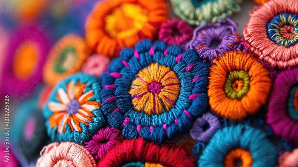 Poster colorful embroidered floral patterns with vibrant threads showcasing intricate designs and textures 