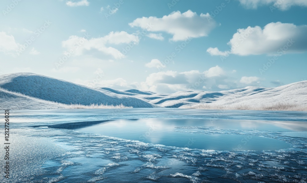 Poster close-up winter landscape with broken ice in lake and rolling hills with snow in background and clou