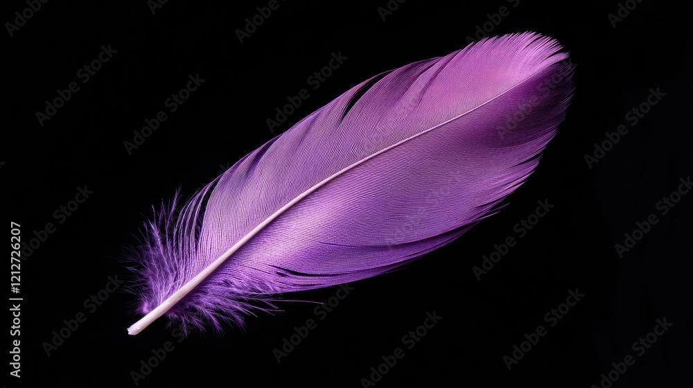 Poster vibrant violet goose feather elegantly displayed on a sleek black background emphasizing its delicat