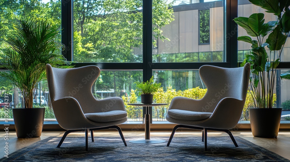 Poster cozy interior with two stylish white armchairs positioned by a large window overlooking lush greener