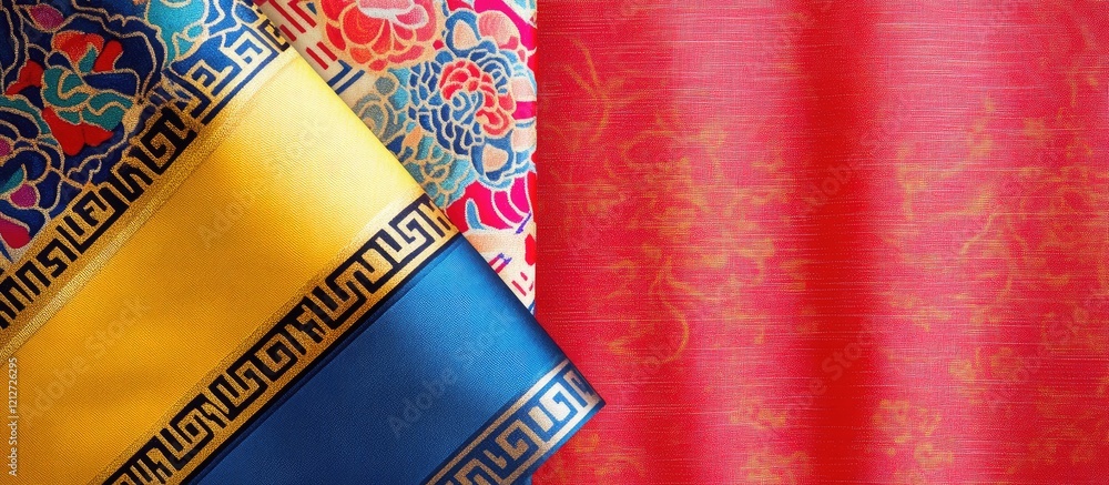 Poster Vibrant Asian style fabric with colorful geometric designs in yellow blue and red showcasing intricate patterns and empty space for text in a contemporary setting