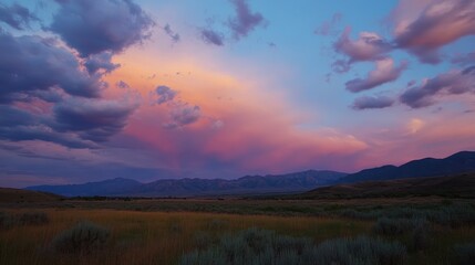 Obraz premium Twilight Landscape with Vibrant Cloud Cover over Serene Rural Fields and Majestic Mountains During Sunset