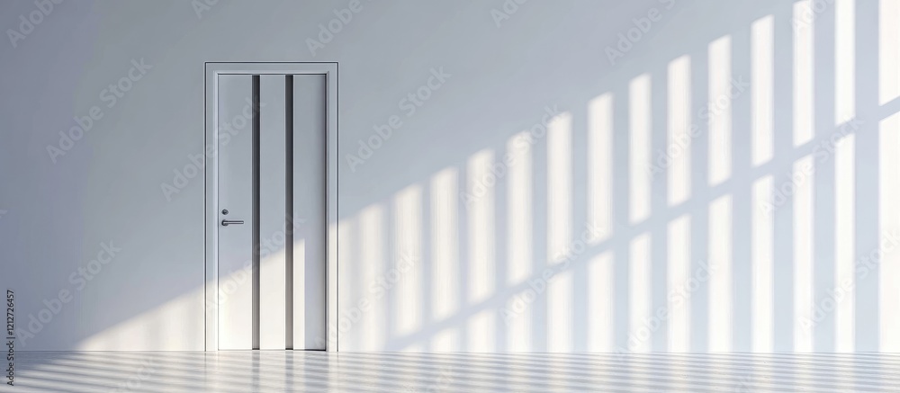 Poster Vertical white wall with barred door casting soft shadows on polished floor creating ideal space for branding and text placement in modern interior setting