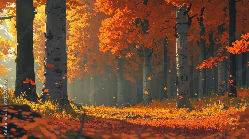 Poster vibrant autumn forest with golden and red foliage illuminated by soft sunlight creating a serene and