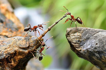 Conceptual image, Close-up of ants collaborating to build a natural bridge over a gap