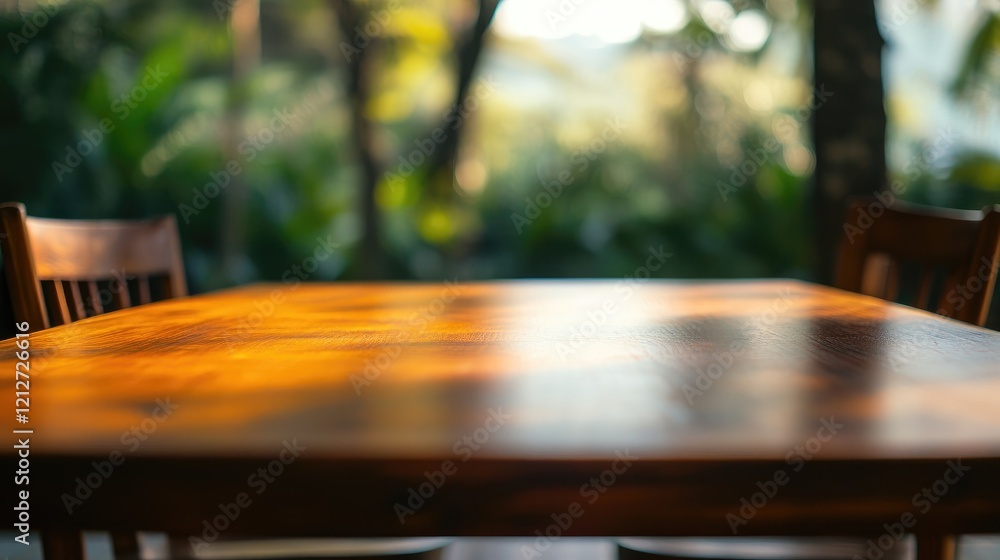 Poster Serene wooden table with tropical bokeh background ideal for coffee breaks during educational meetings featuring a calming sea view and ample copy space