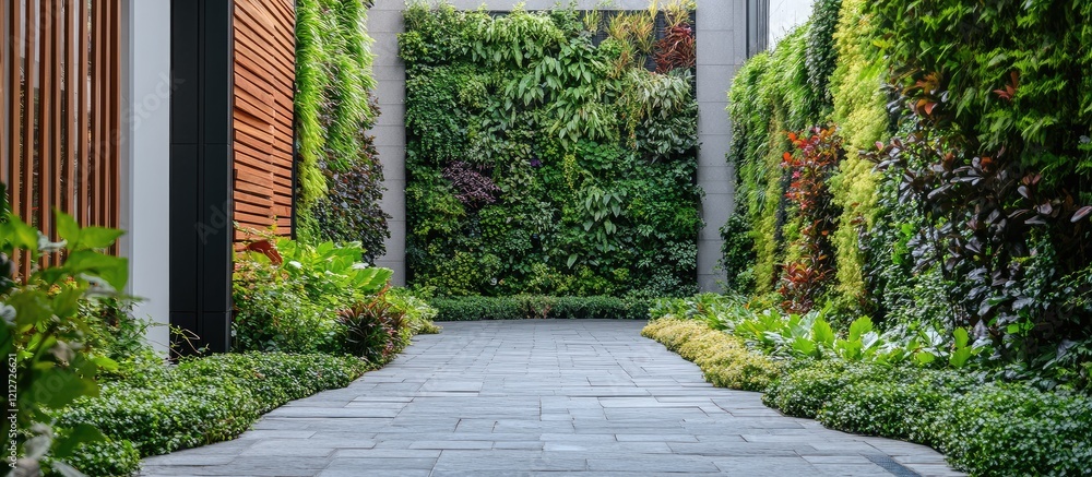 Poster vertical shot of serene courtyard with lush green vertical gardens framing stone walkway surrounded 