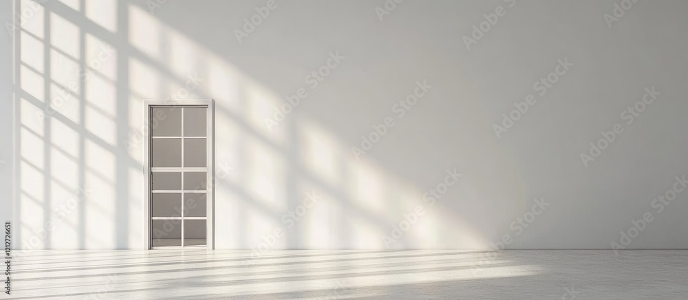 Leinwandbilder bright minimalist interior with vertical white wall and barred door casting soft shadows, featuring 