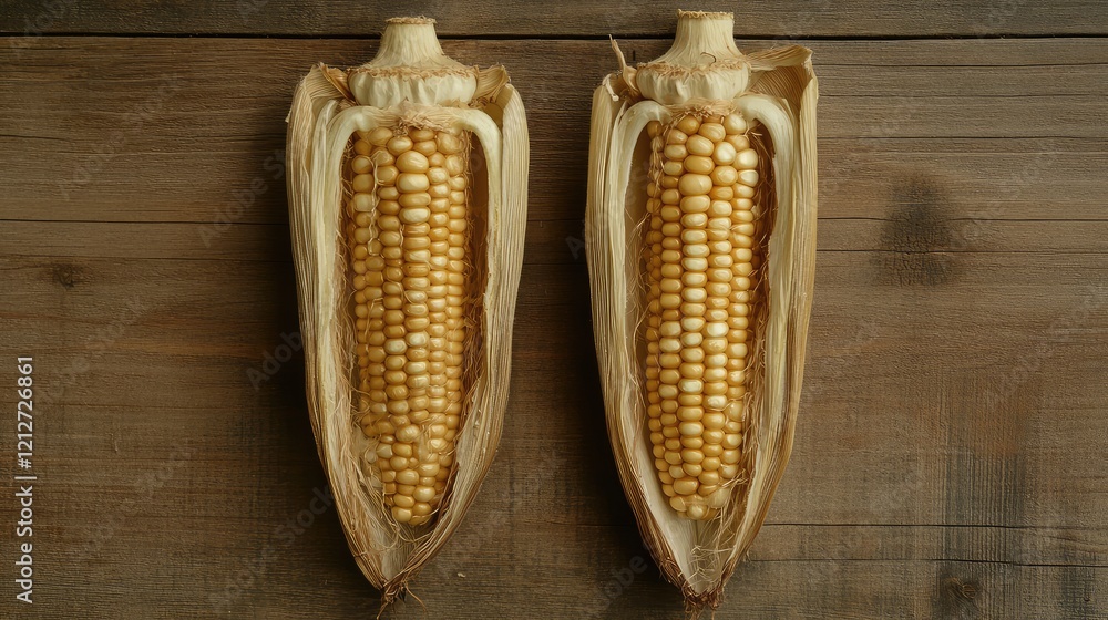 Poster golden yellow corn on the cob halves displayed on rustic wooden background capturing the texture and