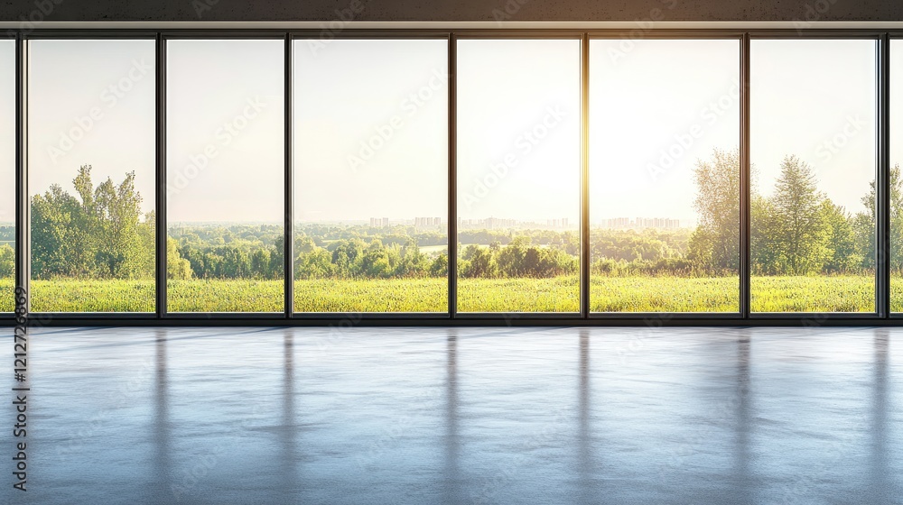 Poster sunlit empty office with large windows offering countryside views spacious creative design space wit