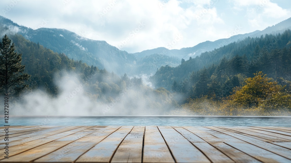 Poster wooden table mockup with serene thermal spring valley background showcasing lush nature and misty mo