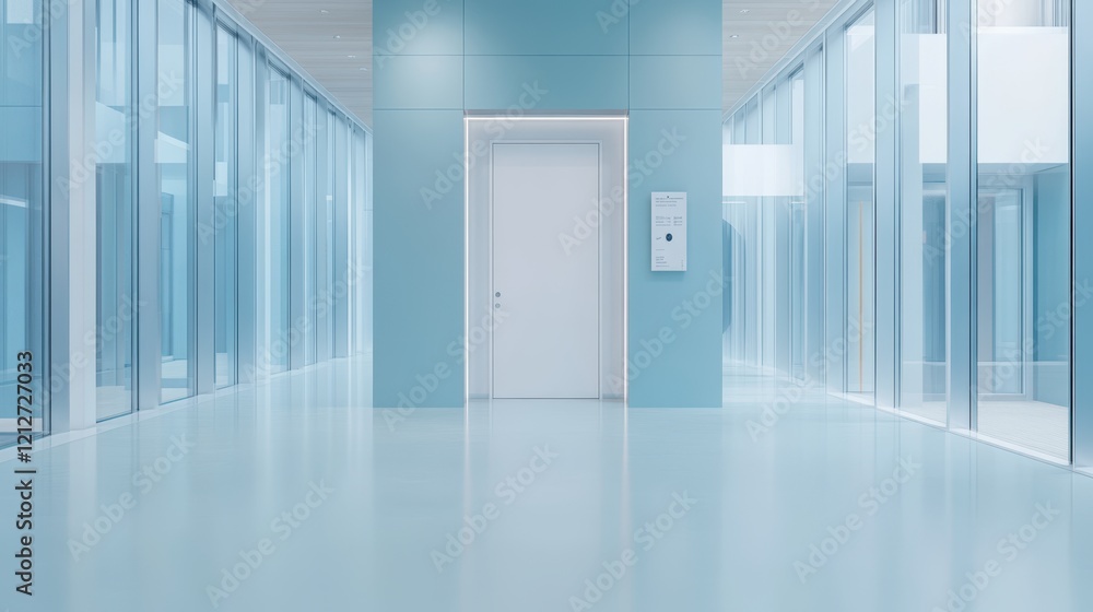 Poster a hallway features a single door against a striking blue wall, creating a modern and inviting atmosp
