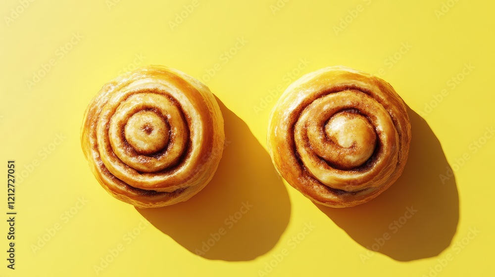 Aufkleber delicious cinnamon rolls with golden brown swirls on vibrant yellow tabletop surrounded by soft shad