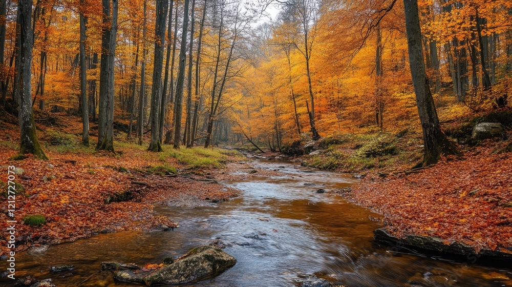 Poster autumn forest landscape with colorful foliage and gentle stream flowing through tranquil scene