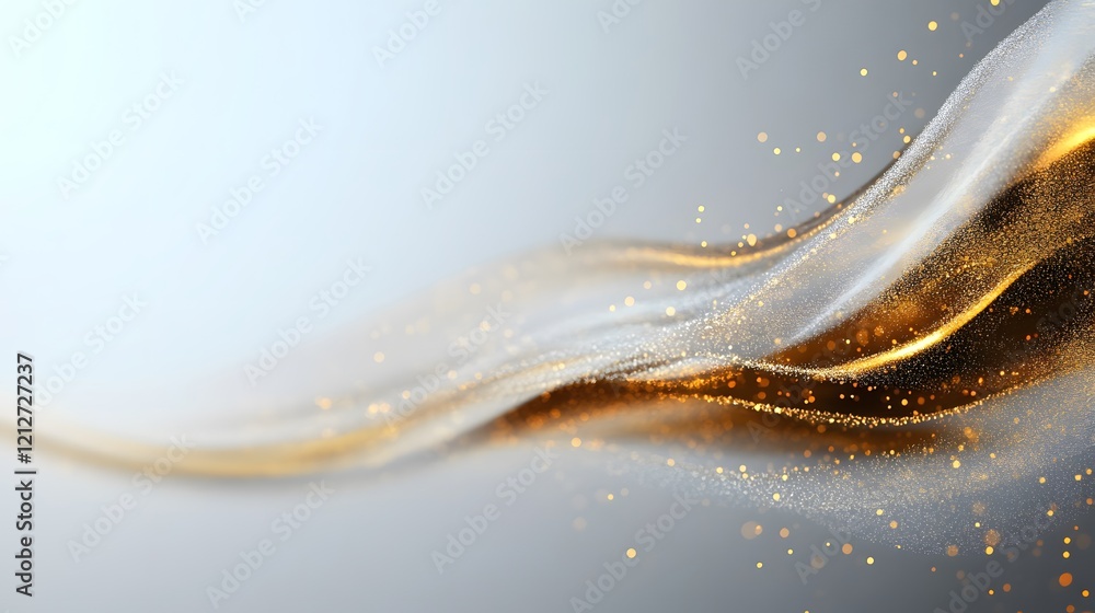 Poster glowing golden waves with sparkles on a soft gray background