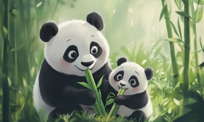 portrait of adorable baby panda with her mother eating bamboo in forest.