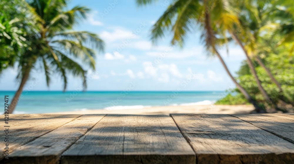 Leinwandbilder Tropical beach background with empty wooden table and palm trees ideal for summer product display and text placement in nature setting
