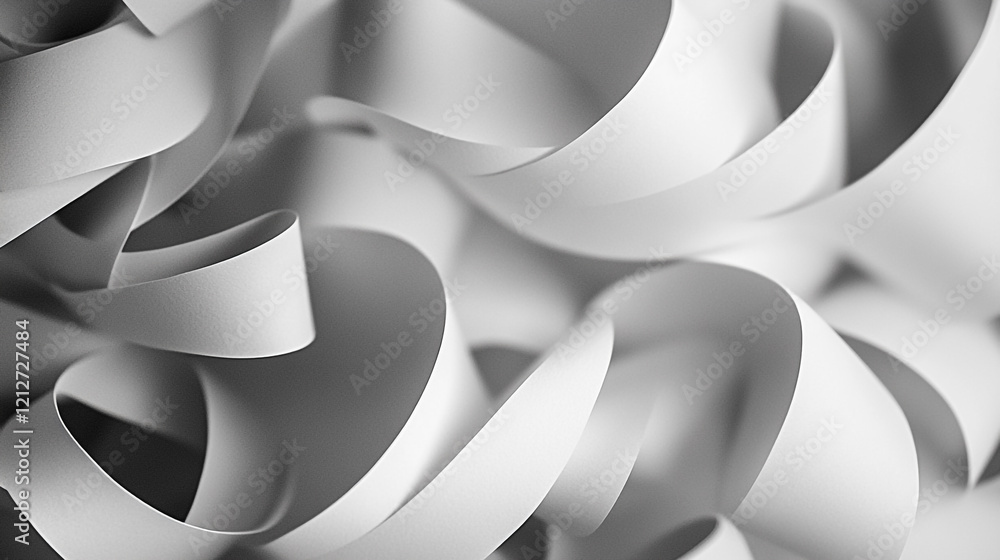 Poster white curling ribbons create an abstract pattern with smooth, flowing lines and shapes