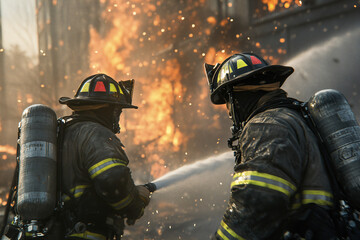 Fototapeta premium Image of two American firefighters fighting a fire.