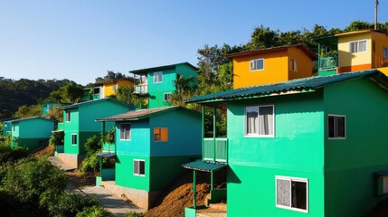 Fototapeta premium Vibrant hillside homes colorful architecture tropical setting