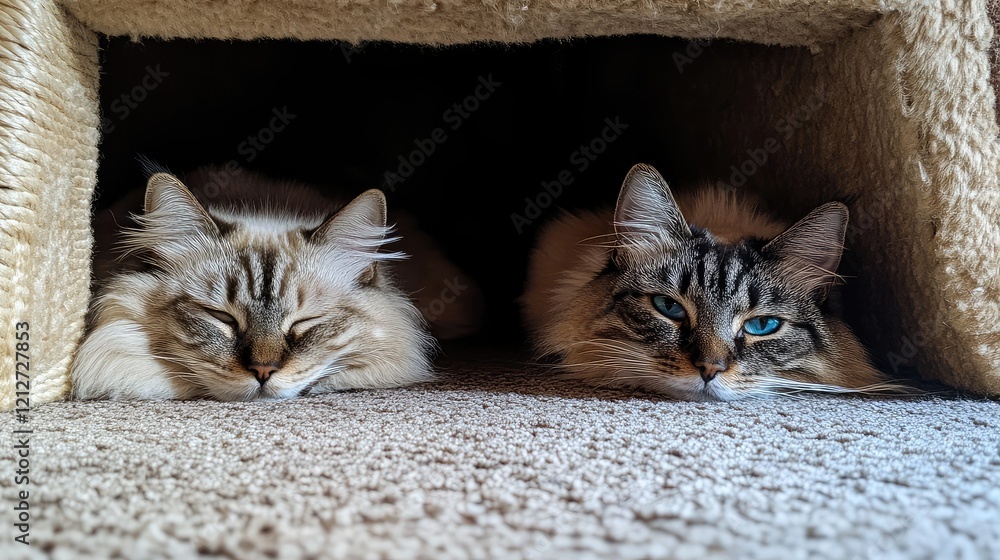 Aufkleber serene moment of two fluffy cats with blue eyes resting side by side on a soft beige carpet inside a
