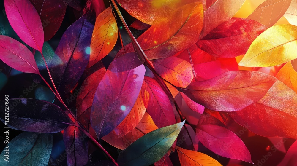 Poster vibrant autumn leaves in rich red and orange hues with glossy textures on dark background creating a