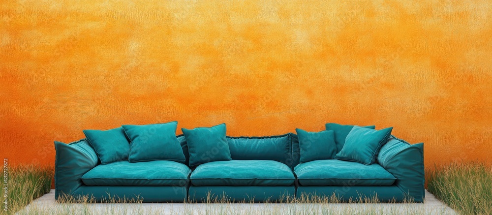 Aufkleber teal sofa with cushions set against an orange and white wall emerges from lush grass with ample spac