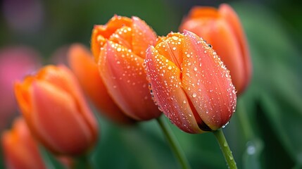Naklejka premium Orange tulips glistening with raindrops in a lush garden setting showcasing vibrant colors and nature's beauty.