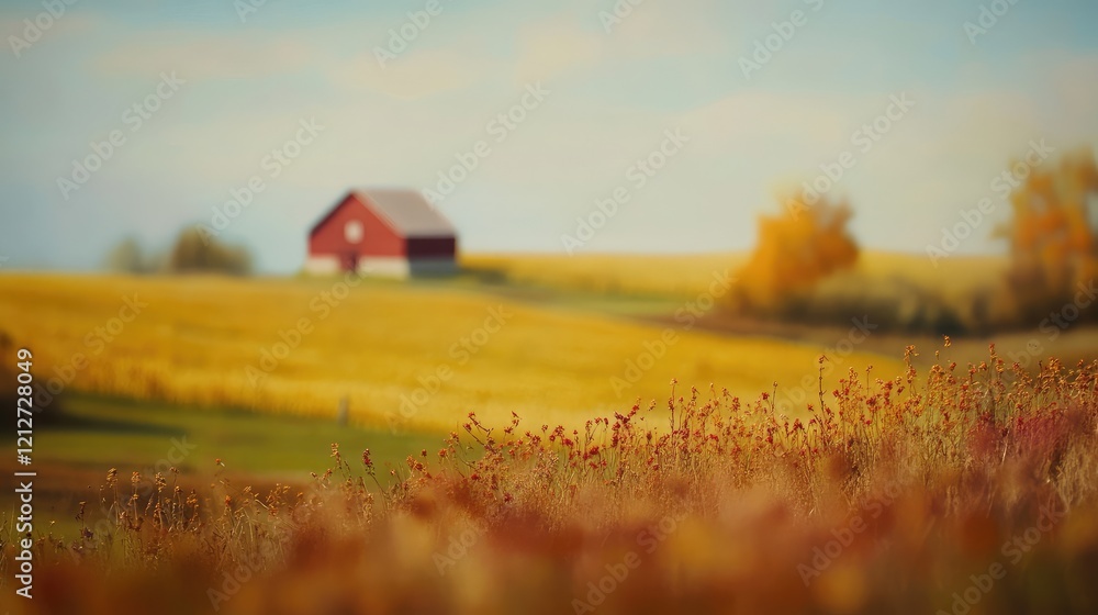 Poster vibrant autumn landscape with golden yellow and fiery red foliage featuring a blurred red barn and f