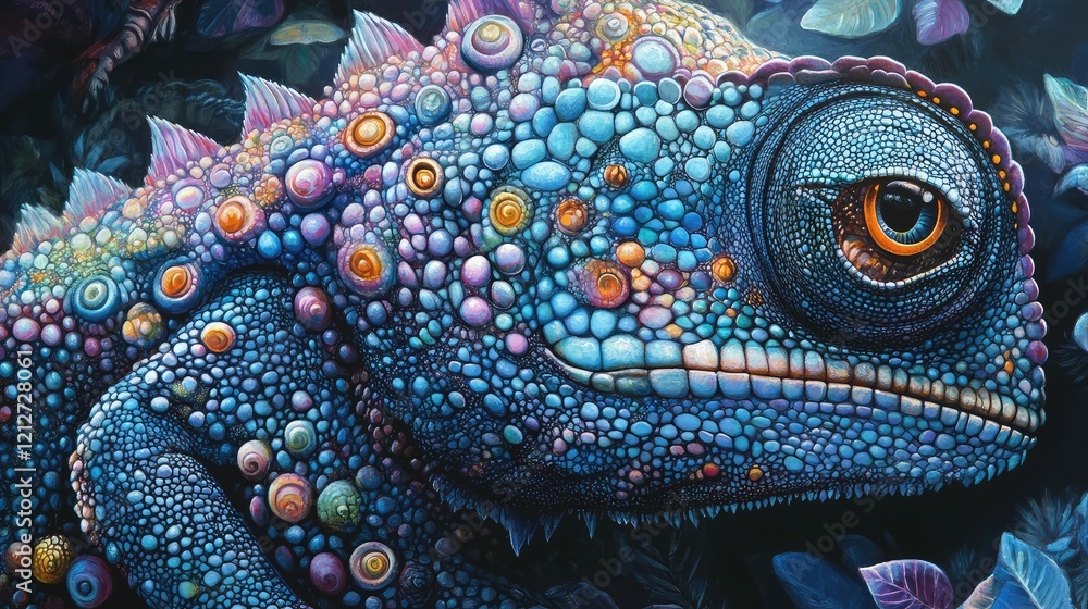 Poster vivid blue chameleon displaying intricate colorful scales surrounded by leafy green background in a 