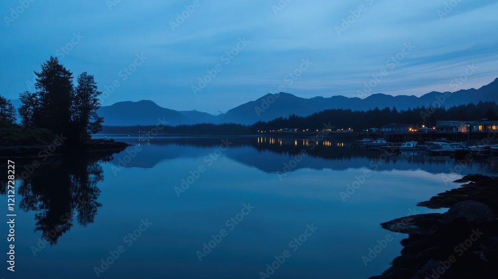 Poster twilight serenity over table rock inlet with reflections of mountains and trees in calm waters