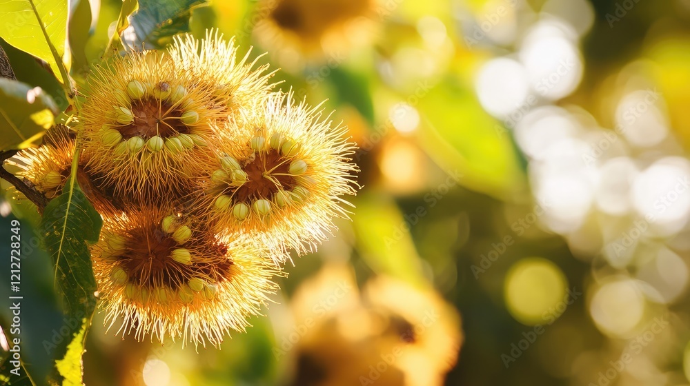 Aufkleber close-up of sweet chestnut tree clusters with vibrant golden and green hues casting soft blurred sha