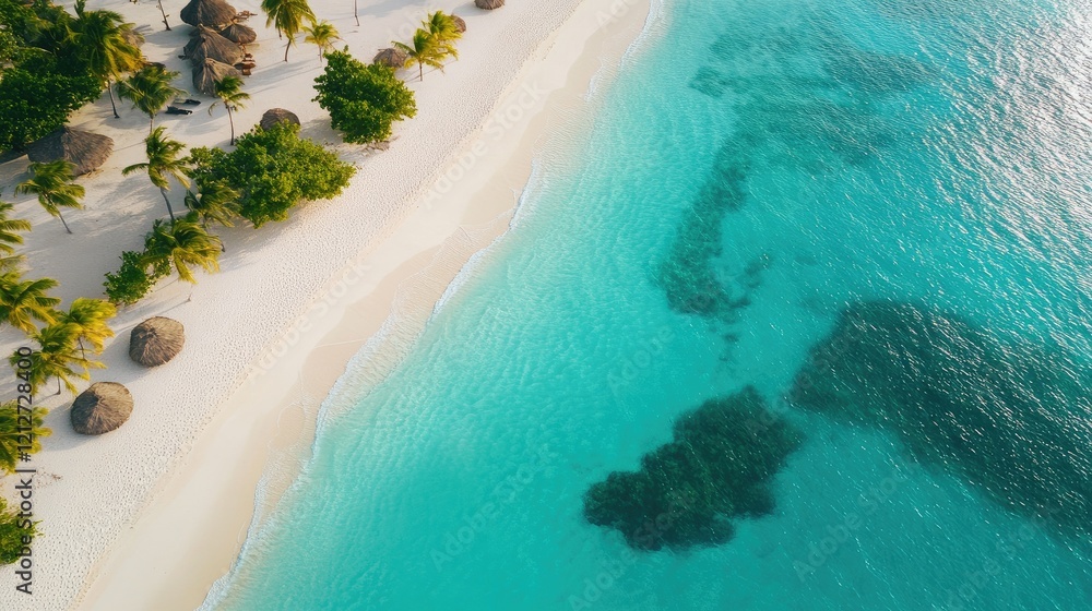 Poster aerial view of turquoise sea waves gently lapping on a tropical sandy beach surrounded by palm trees