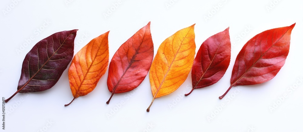 Poster colorful autumn leaves in shades of red, orange and yellow arranged on a white background creating a