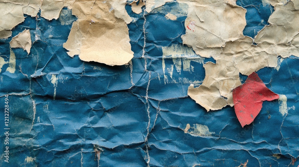 Poster weathered vintage paper texture with peeling layers in blue and rustic hues suitable for backgrounds