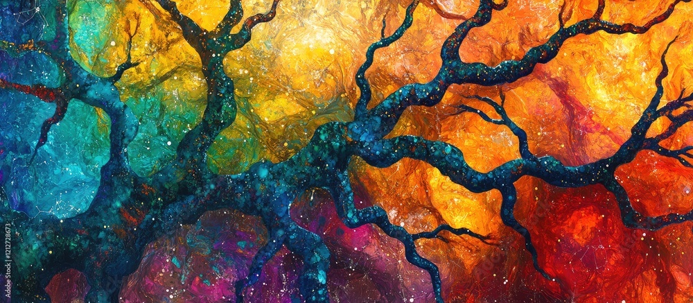 Poster Colorful abstract representation of interconnected neurons in vibrant blues oranges and reds with ample copy space for text in the center