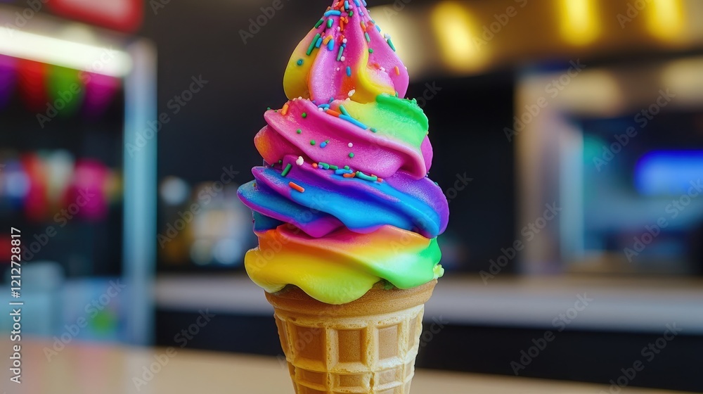 Aufkleber colorful ice cream cone with vibrant swirls and bright sprinkles against a blurred background in a m